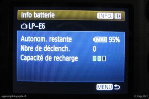 Contrôlez l'état de votre batterie avant de faire la mise à jour.<br />Touche "menu" puis onglet "Configuration 3" puis séléctionnez "info batterie" et appuyez sur la touche "SET". Contrôle de l'état de la batterie du EOS 7D.