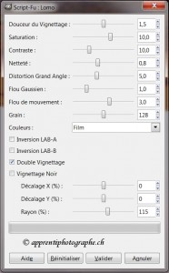 La fenêtre du script Lomo avec ses paramètres ajustables