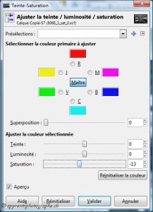 La boite de dialogue "Teinte-Saturation" dans Gimp