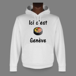 Sweatshirt blanc à capuche - puck de hockey - Ici c'est Genève