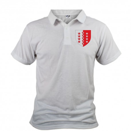 Men's polo shirt illustrated with the Valais canton crest, the Valais flag with 13 stars for the thirteen districts