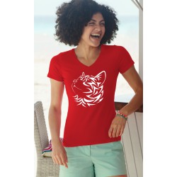 Donna moda cotone T-Shirt - Gatto Tribale, 40-Rosso