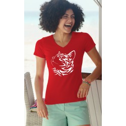 Frauen Mode Baumwolle T-Shirt - Tribal Katz, 40-Rot