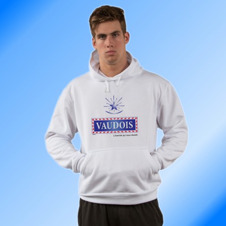 Sweatshirt humoristique blanc à capuche - Vaudois, l'homme qui vous réussit