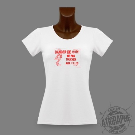 Women's Slim Funny T-Shirt - Ne pas toucher aux filles, Red