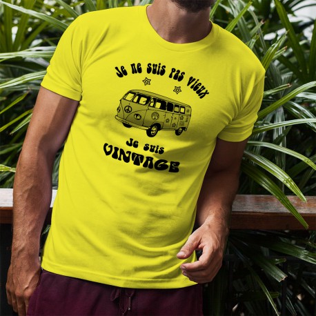 Men's Funny T-Shirt - Vintage Flower Power, Safety Yellow