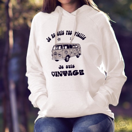 VW Bus hippie ✿ Flower Power ✿ Je ne suis pas vieille, je suis vintage ✿ Pull humoristique blanc à capuche dame