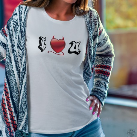 T-shirt mode dame - I LOVE YOU (Je t'aime) - coeur de petit démon tentateur et lettres graffiti