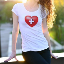 Women's fashion T-Shirt - Red heart with Swiss cross, Swiss flag