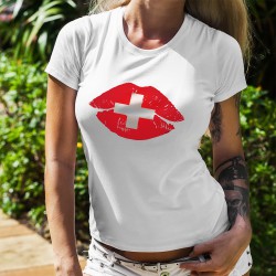 Frauen mode T-shirt - Schweizer Kuss - üppige Lippen mit Schweizer Farben