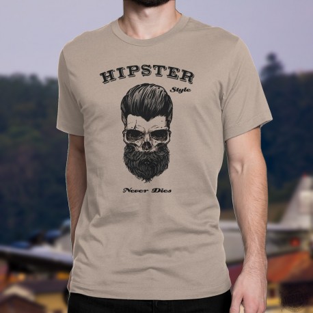 HIPSTER Style Never Dies ★ Le style hipster ne meurt jamais ★ T-Shirt homme avec un crâne portant barbe et cheveux