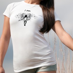 Women's fashion T-Shirt - I am an Angel Girl - pretty girl in sexy dress wearing white wings, background of a heart in shadow