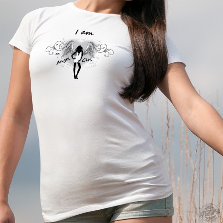 I am an Angel Girl ★ Je suis un Ange ★ T-Shirt dame, fille en robe sexy portant des ailes blanches sur fond d'un coeur en ombre 