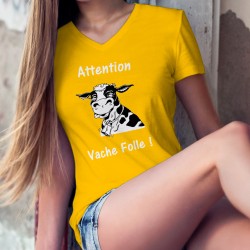 Attention Vache Folle ! ✿ T-Shirt coton dame tête de vache Holstein tirant la langue