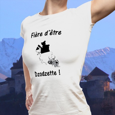 Fière d'être Dzodzette ❤ T-Shirt humoristique dame - Frontières aux couleurs du canton de Fribourg et petite vache