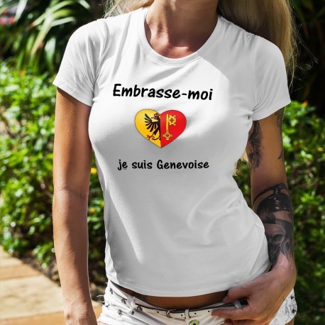 Embrasse-moi je suis Genevoise ❤ T-Shirt mode dame, coeur aux couleurs des armoiries de la république et canton de Genève