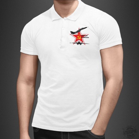 Men's fashion Polo Shirt - Fighter Aircraft - MiG-29 Fulcrum - red star, hammer and sickle, symbols of the USSR