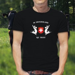 In Switzerland we Trust ✚ Men's cotton T-shirt with two Holstein cows surrounding the Swiss crest