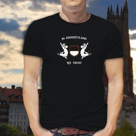 Men's cotton T-Shirt - In Dzodzetland we Trust - variation of the American motto "In God we trust" and Fribourg cows