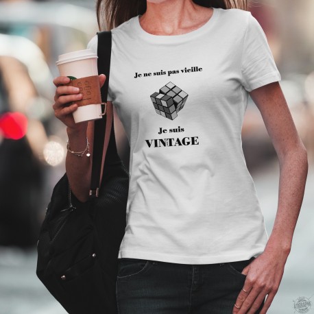 T-Shirt dame - Vintage Rubik's cube, jeu des années quatre-vingt, citation humoristique "Je ne suis pas vieille, je suis Vintage