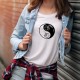 Yin-Yang ★ tête de chat ★ T-Shirt mode dame avec la tête d'un Chat au design tribal (tatouage) à l'intérieur du Yin et du Yang