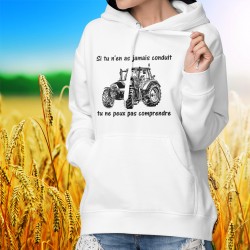 Pull humoristique blanc à capuche mode dame - Conduire un tracteur