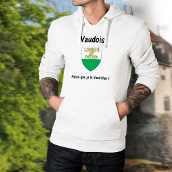 Pull blanc à capuche homme - Vaudois, parce que je le Vaud bien - écusson du canton de Vaud