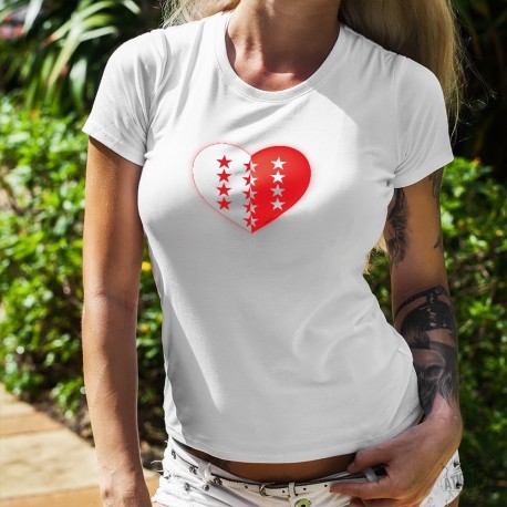 Coeur valaisan ❤ T-Shirt mode dame - Coeur rouge et blanc avec les treize étoiles des treize districts du canton du Valais 