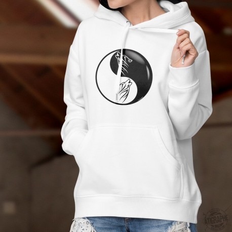 Yin-Yang ★ Loup tribal ★ Pull blanc à capuche dame avec la tête d'un loup dessiné à la manière d'un tatouage tribal