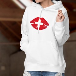 Bisou suisse ❤ lèvres pulpeuses rouge aux couleurs de la Suisse ❤ Pull-over blanc à capuche mode dame