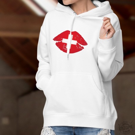 Bisou suisse ❤ lèvres pulpeuses rouge aux couleurs de la Suisse ❤ Pull-over blanc à capuche mode dame