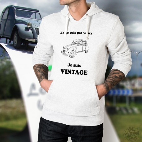 Pull humoristique blanc à capuche mode homme - Vintage Deuche - Je ne suis pas vieux, je suis vintage (Citroën 2CV)