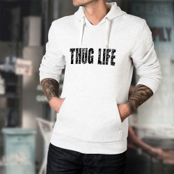 Pull-over blanc à capuche mode homme - Thug Life - La vie est dure - en lettres scratchées