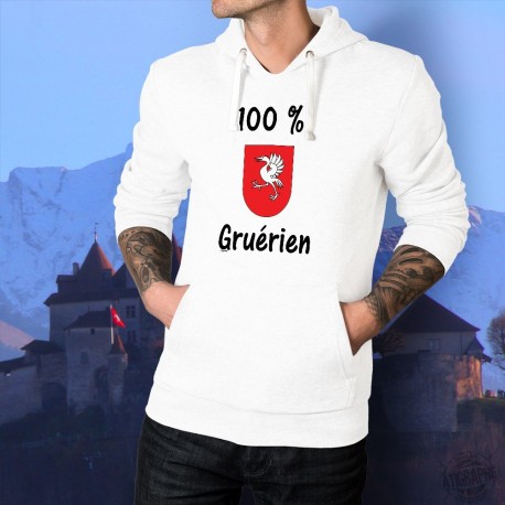 100 pourcent Gruérien ★ Pull blanc à capuche homme écusson district de la Gruyère avec une grue sur fond rouge, les armoiries