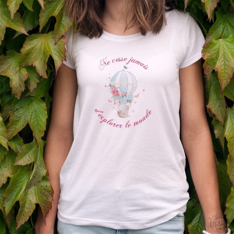 Kawaii T-shirt mode dame - Ne cesse jamais d'explorer le monde, girafon, éléphanteau et zébreau dans une montgolfière