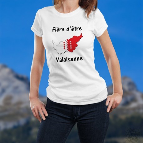 Fière d'être Valaisanne ★ T-Shirt mode dame ★ Frontières cantonales aux couleurs du Valais avec les treize étoiles