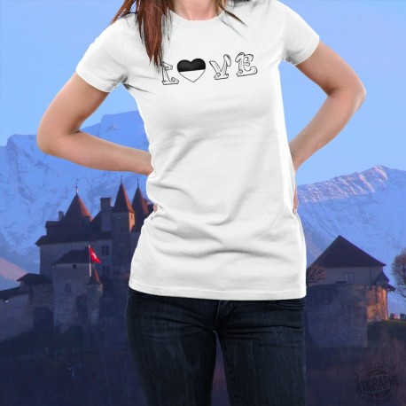 T-Shirt dame avec le drapeau du canton de Fribourg en forme de coeur remplaçant le "O" du mot LOVE (Amour)