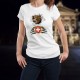 Lady fashion t-shirt with the head of a snarling bear tearing the T-shirt and holding the coat of arms of Switzerland between it