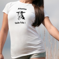 Frauen Slim T-shirt -  Attention Vache Folle