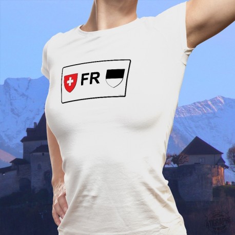Plaque minéralogique fribourgeoise ★ T-Shirt dame (écusson suisse, écussion fribourgeois et lettres FR)