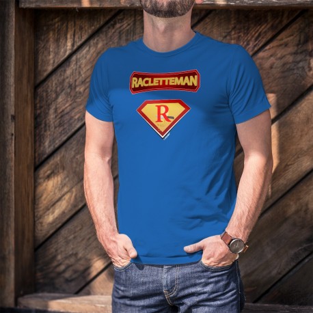 Racletteman ★ SuperHero Comics ★ Men's Fashion cotton T-Shirt on the raclette, the famous cheese fondue