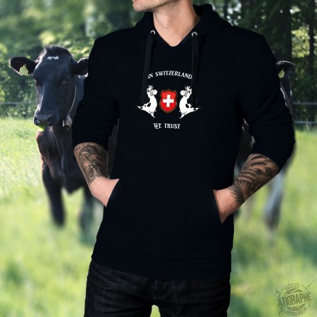 In Switzerland We Trust ✚ Nous avons confiance en la Suisse ✚ Pull à capuche coton homme, Vaches Holstein, écusson Suisse