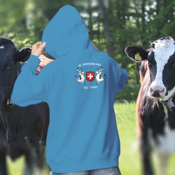 In Switzerland We Trust ✚ Nous avons confiance en la Suisse ✚ Pull à capuche coton dame, 2 Vaches Holstein  et l'écusson Suisse