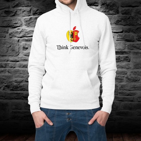 Think Genevois ★ pense genevois ★ Pull à capuche homme pomme croquée et phrase inspirée de la célèbre marque de smartphones