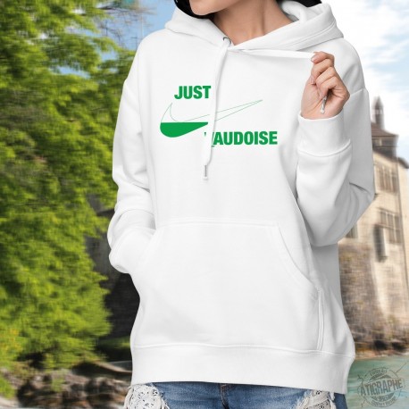 Just vaudoise ★ Just do it ★ Pull à capuche dame aux couleurs vaudoises et inspirée d'une célèbre marque de vêtements de sport