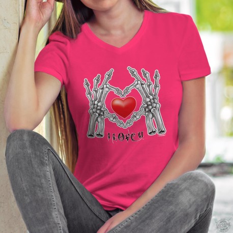I Love U ❤ Je t'aime ❤ T-shirt humoristique coton dame avec le squelette de deux mains formant un coeur