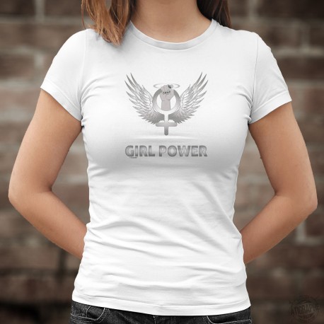 Girl Power ★ Le Pouvoir Féminin ★ T-Shirt mode dame, symbole de la féminité serré dans un poing et entouré d'ailes d'Ange