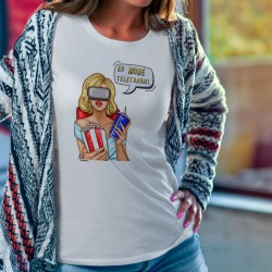 En mode télétravail ★ Retro Pop Art Girl ★  T-Shirt dame avec une femme tenant Soda, Pop-corns, casque de Réalité Virtuel