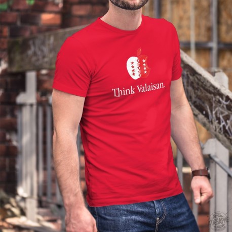 Think Valaisan ★ pense valaisan ★ T-Shirt coton homme, écusson du Valais en forme de pomme et phrase de la marque de smartphones