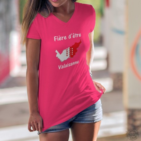 Fière d'être ❤ Valaisanne ❤ T-Shirt coton dame, frontières du canton du valais aux couleurs du drapeau valaisan